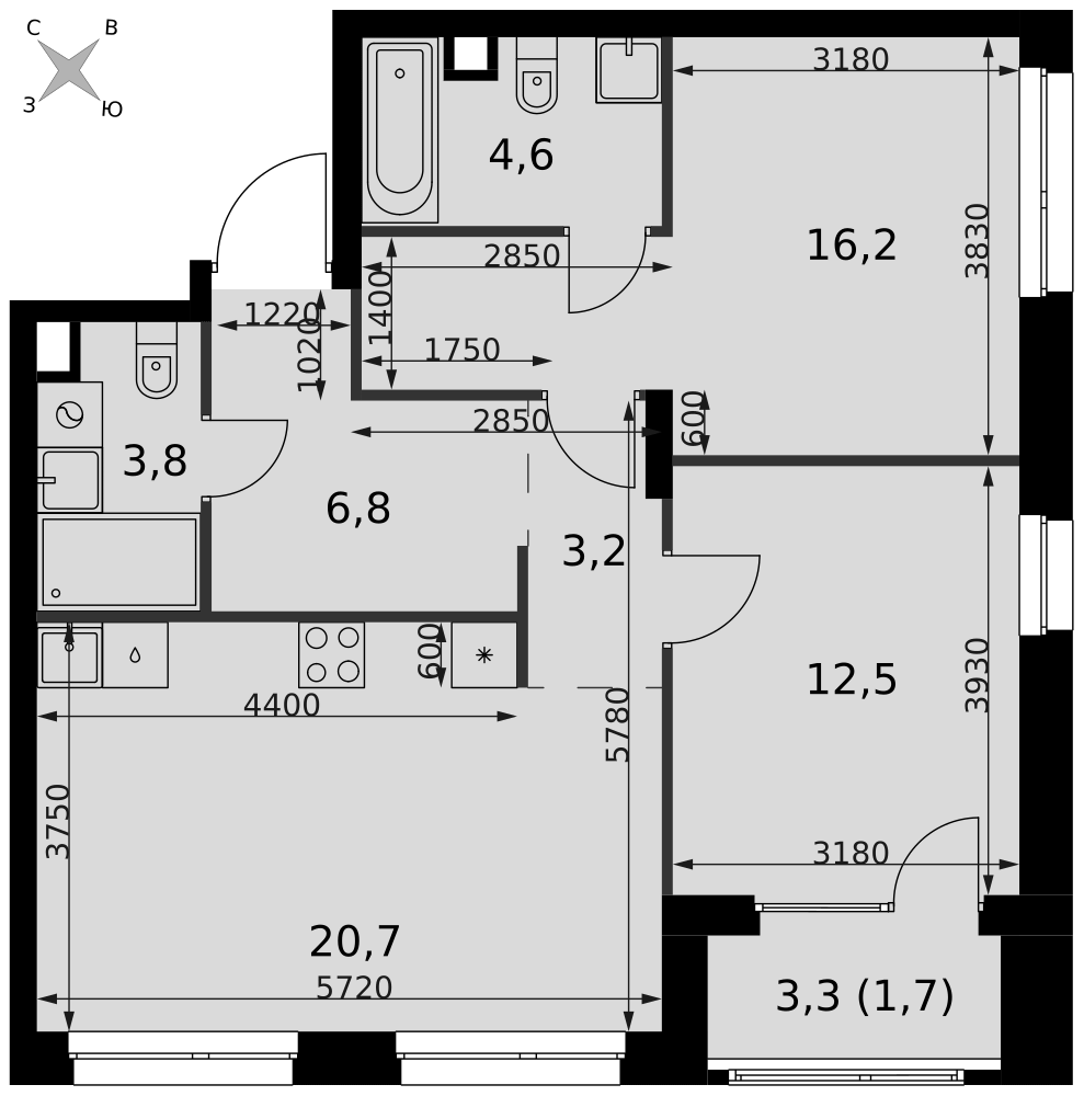 3-комнатная 69 м2 в ЖК Симоновский Вал корпус null этаж 4