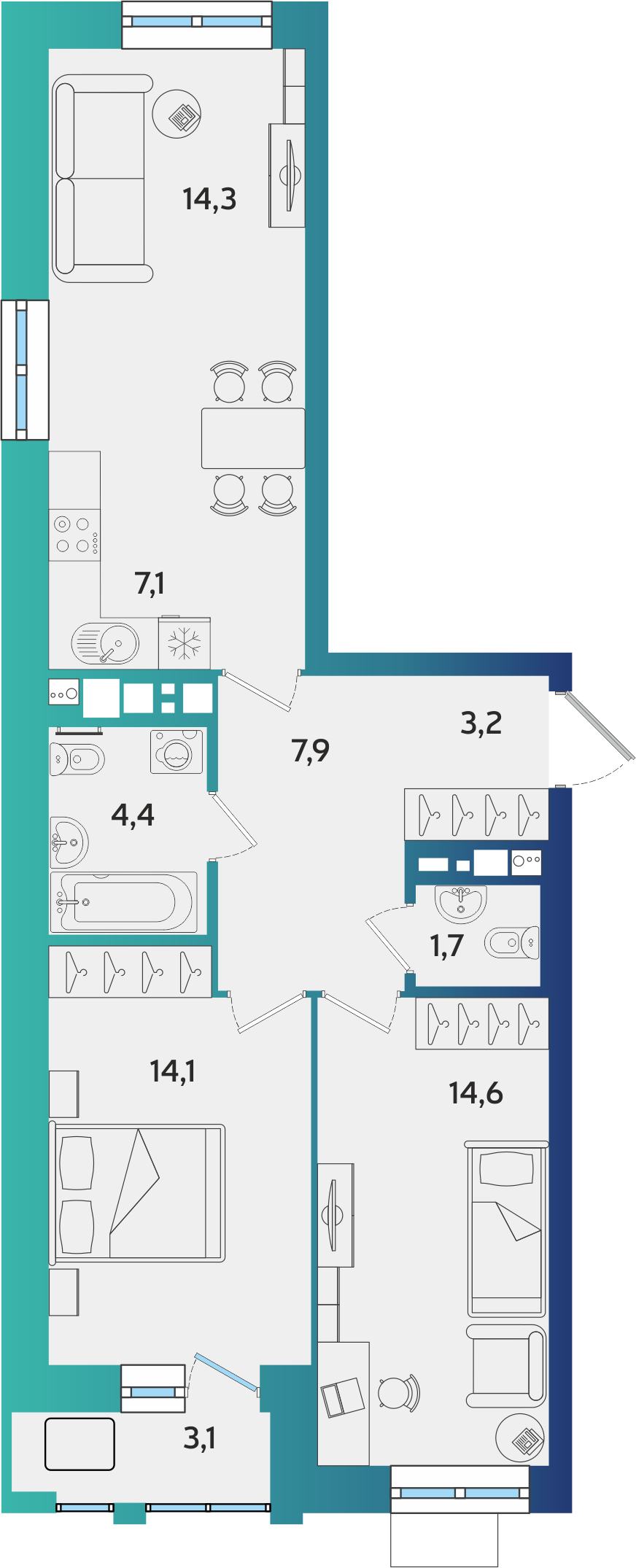 3-комнатная 68 м2 в ЖК BershaCity корпус null этаж 15