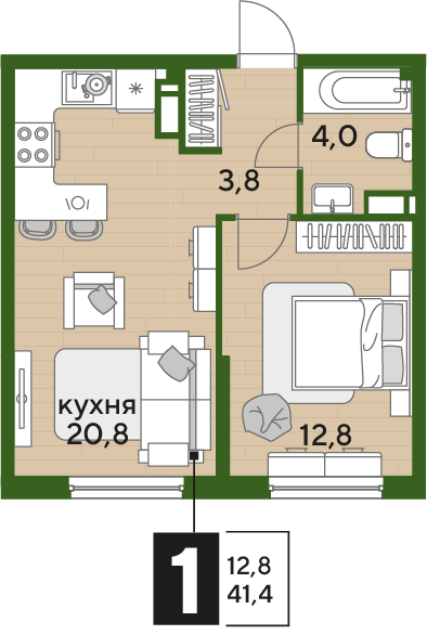 1-комнатная 41 м2 в ЖК Догма Парк корпус null этаж 10