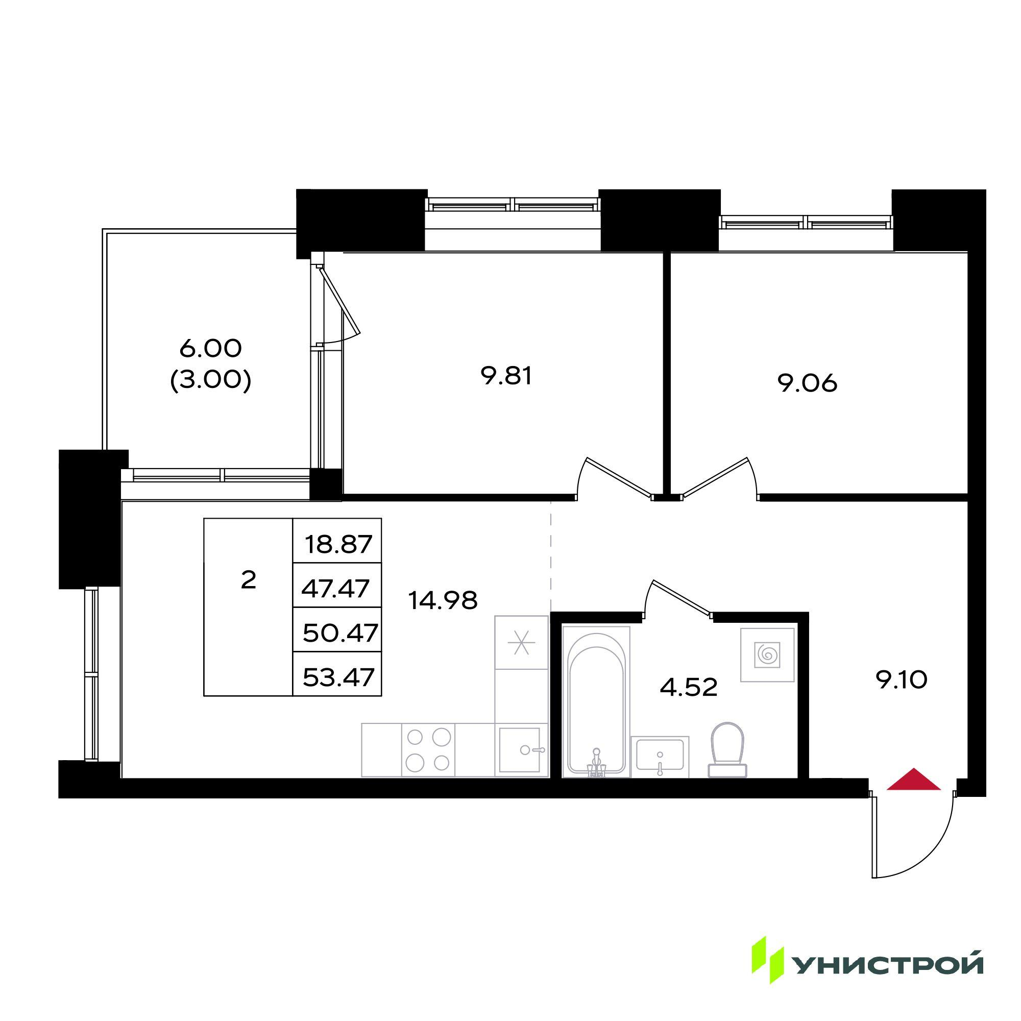 2-комнатная 50 м2 в ЖК Уникум на Энгельса корпус null этаж 13
