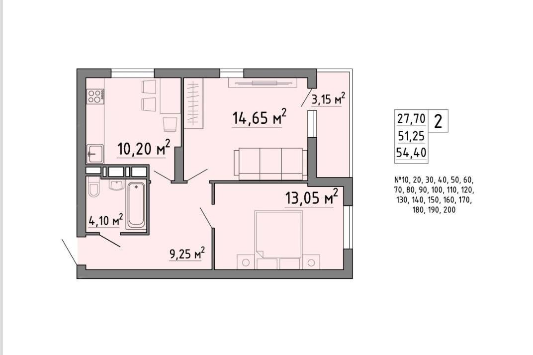 2-комнатная 54.4 м2 в ЖК undefined корпус null этаж 10