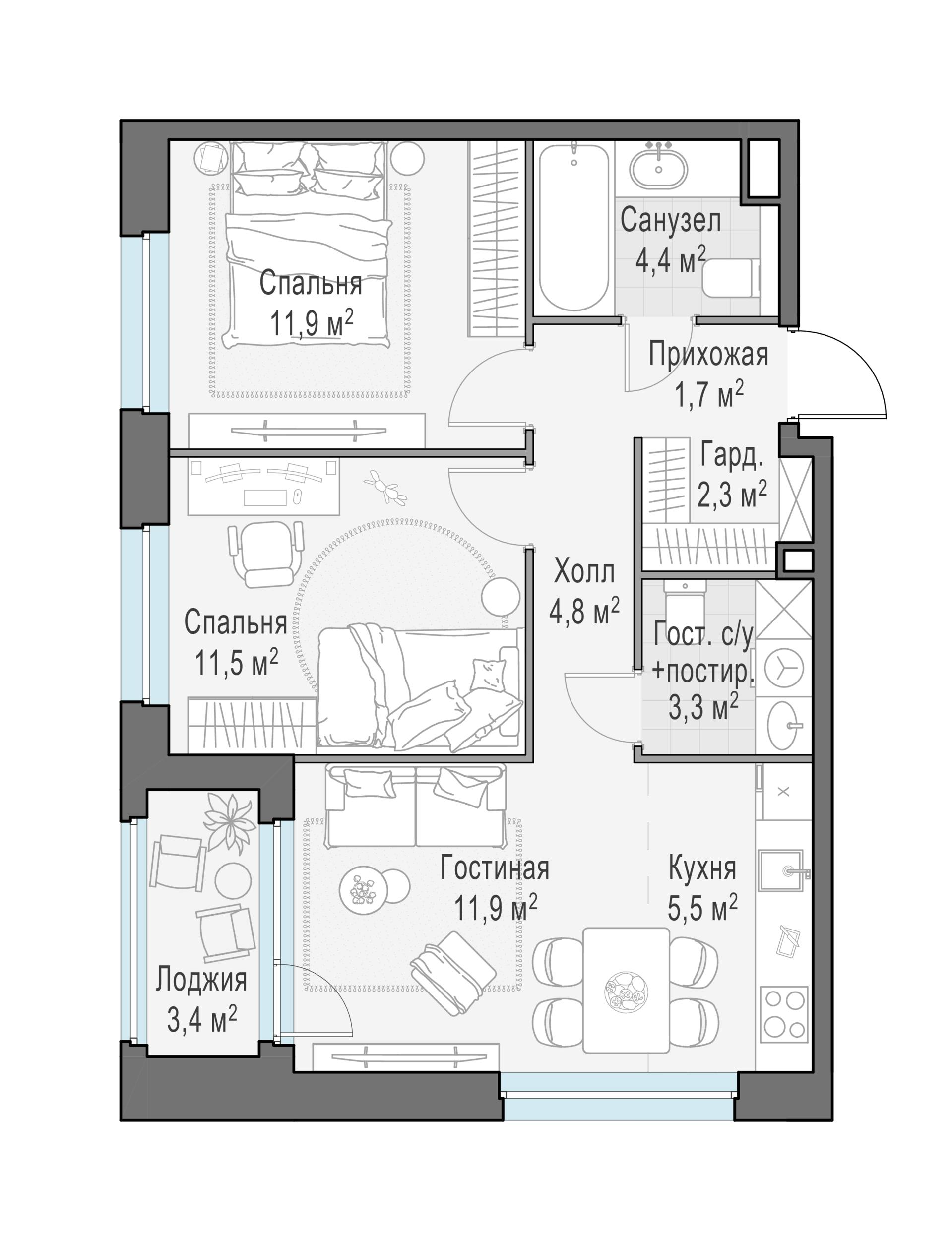 3-комнатная 59 м2 в ЖК Жилые кварталы «Белый Град» корпус null этаж 7