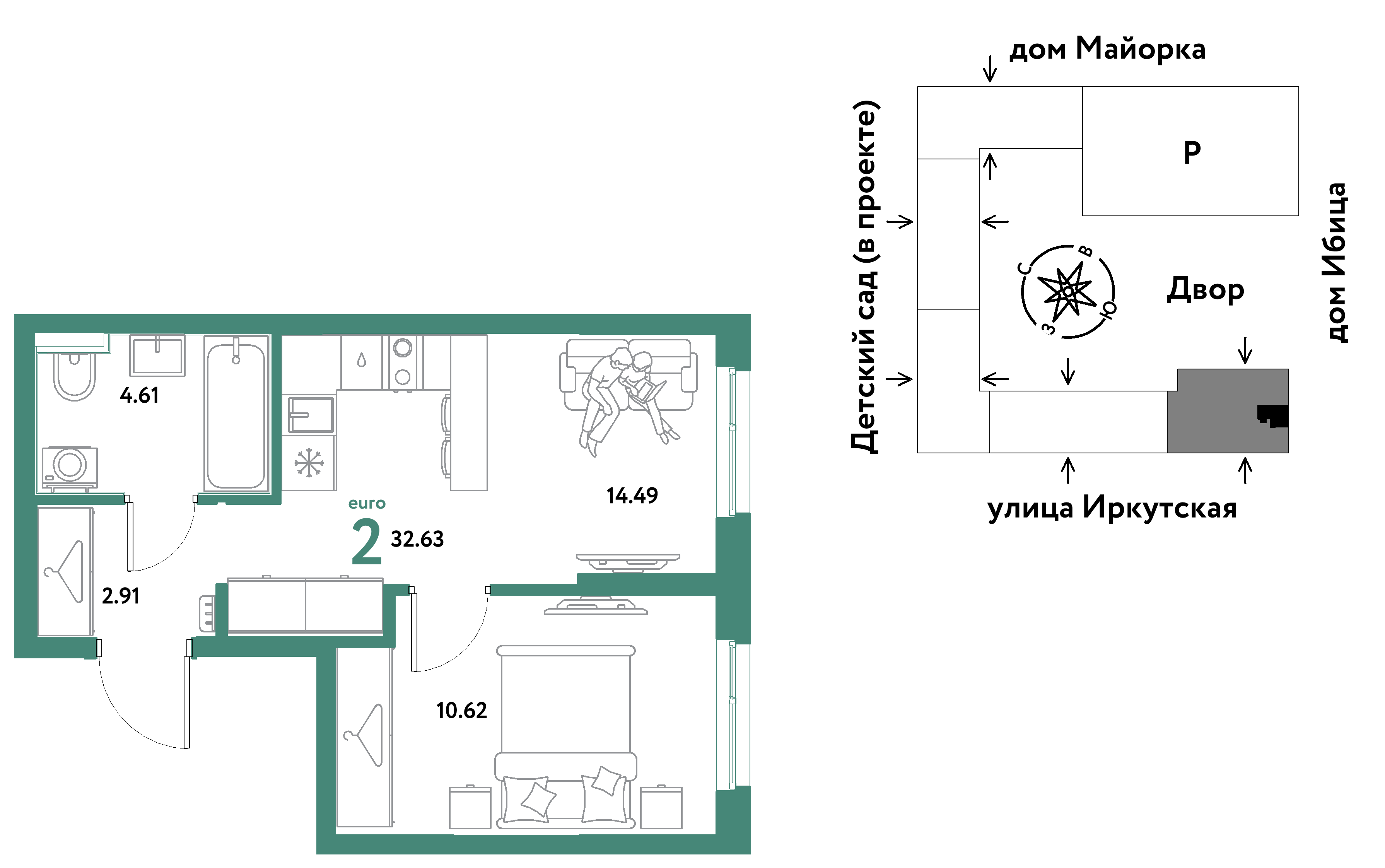 2-комнатная 32 м2 в ЖК Остров-сад корпус null этаж 11