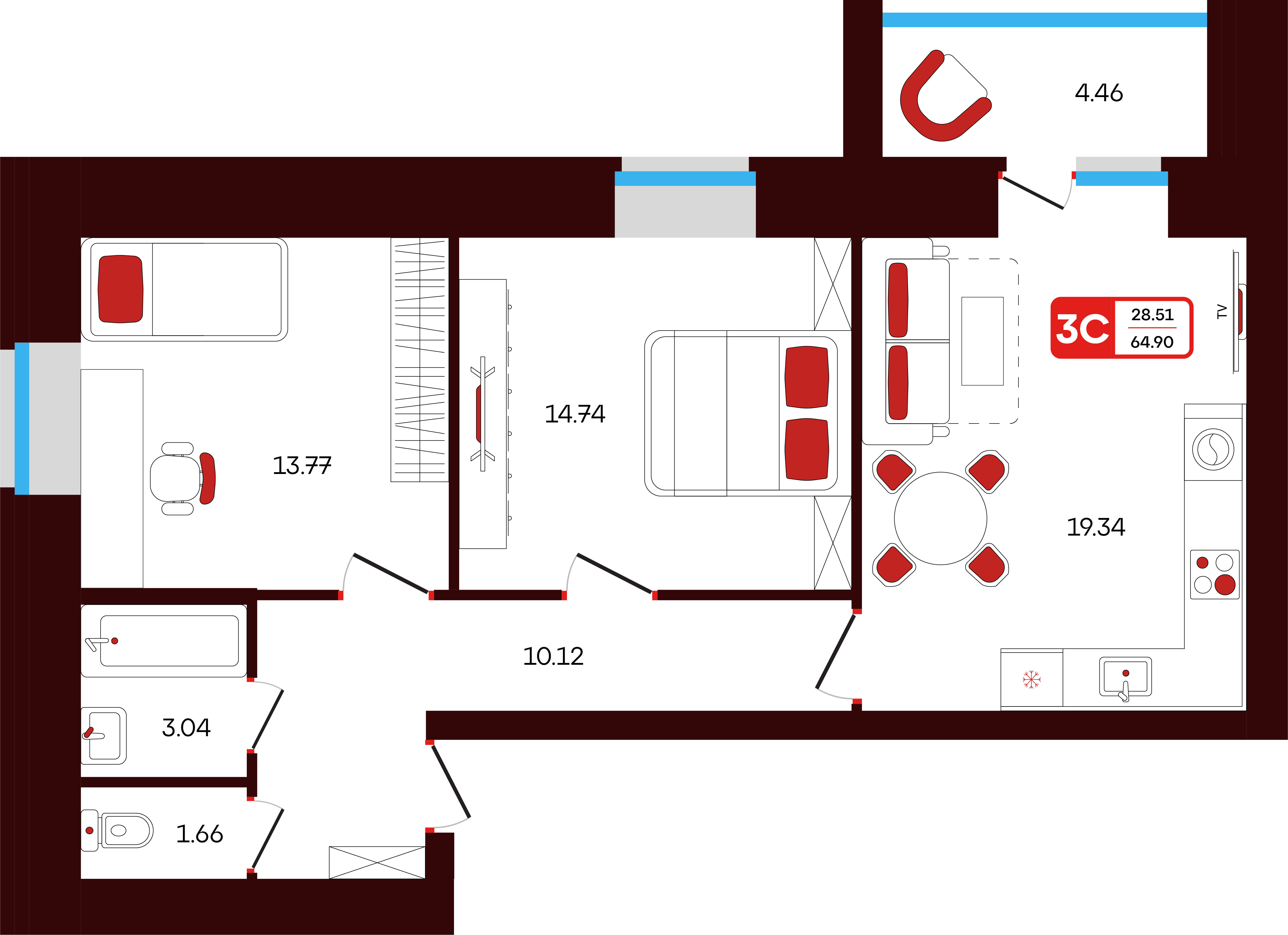 3-комнатная 64 м2 в ЖК Шашина 32 корпус null этаж 1