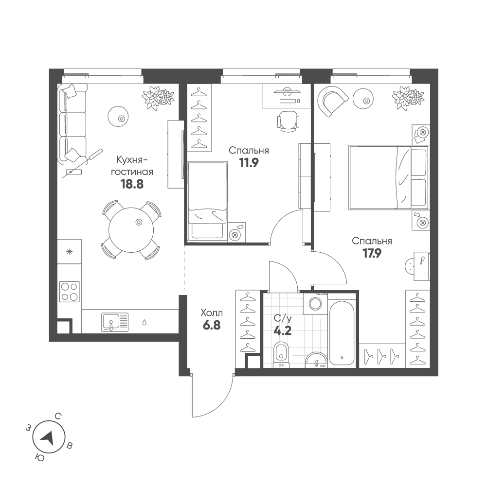 2-комнатная 59 м2 в ЖК Shagal корпус null этаж 5