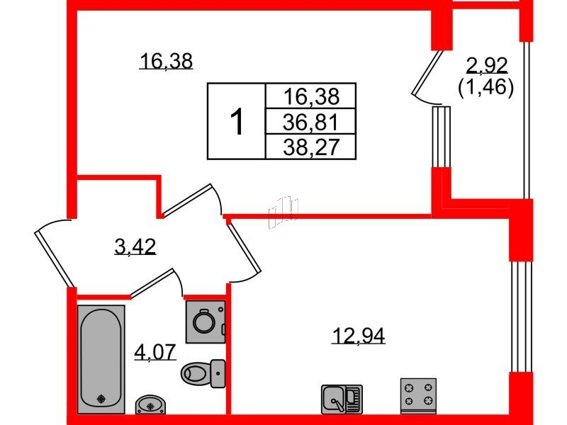 1-комнатная 38 м2 в ЖК Квартал Заречье корпус null этаж 1