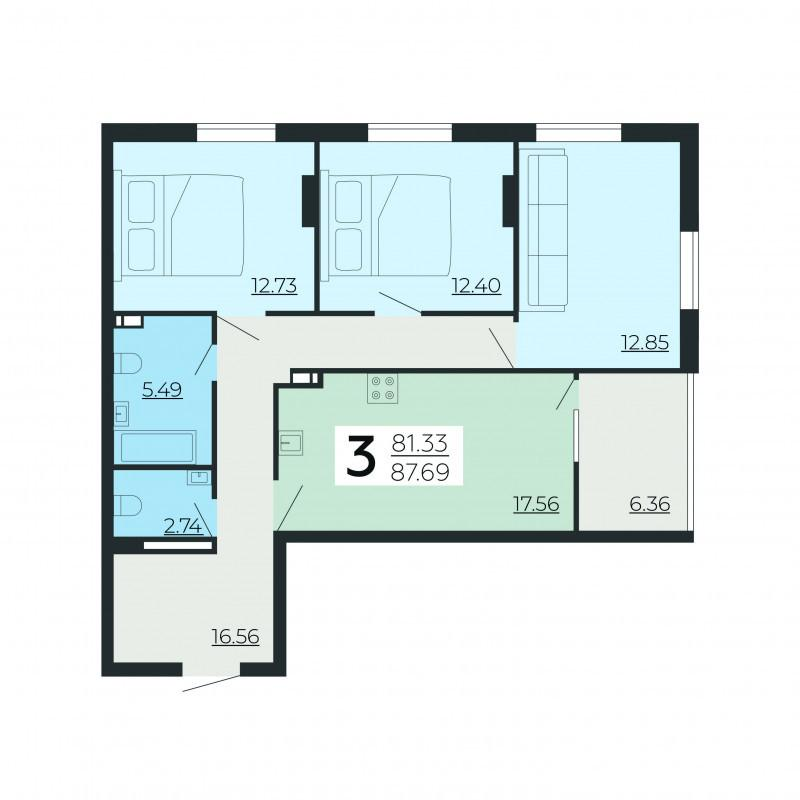 3-комнатная 87.6 м2 в ЖК undefined корпус null этаж 10