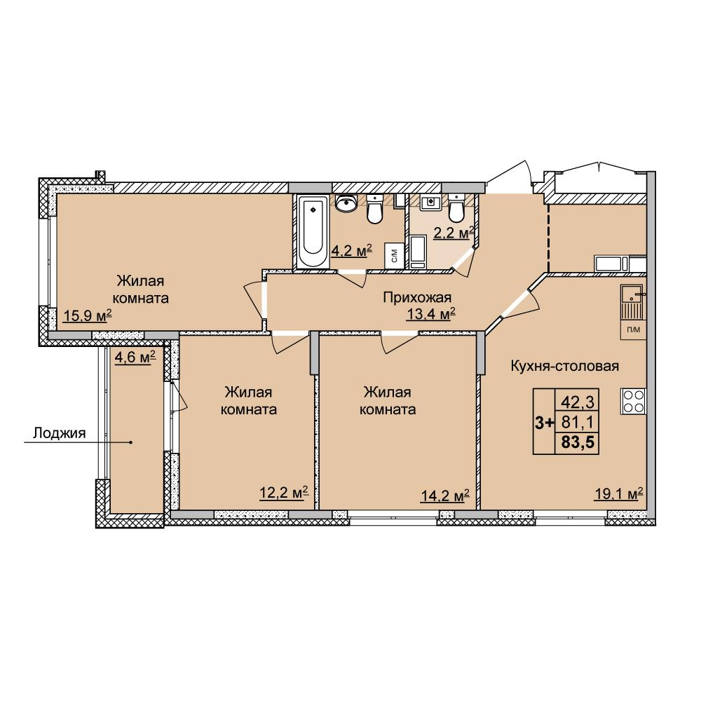 3-комнатная 83 м2 в ЖК Мои Цветы корпус null этаж 8