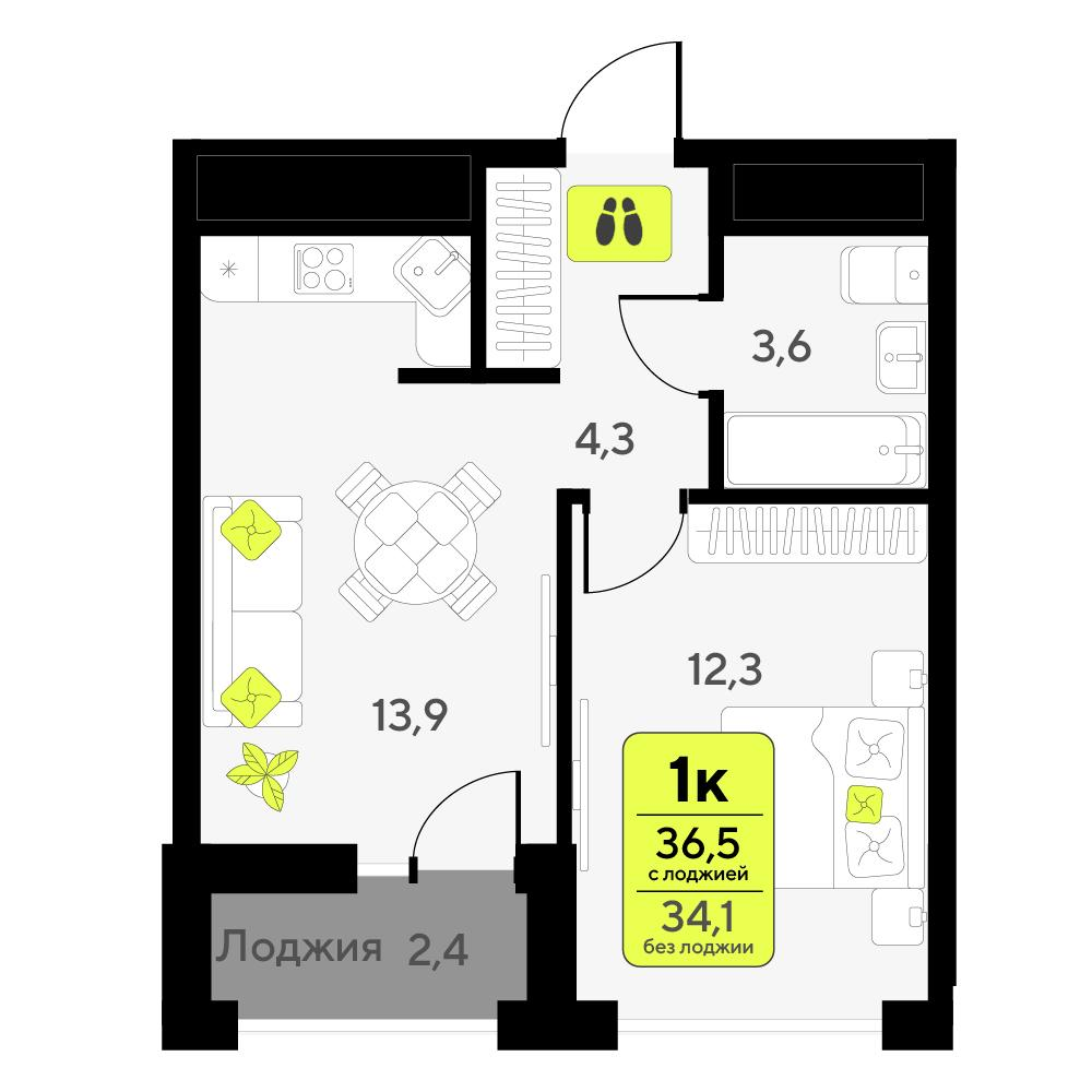 1-комнатная 36 м2 в ЖК Мотивы корпус null этаж 8