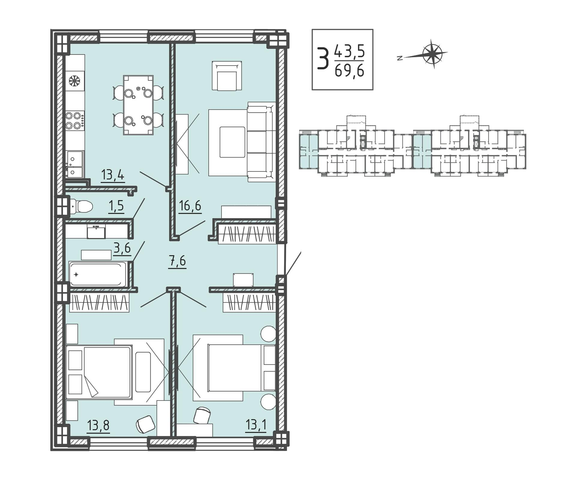 3-комнатная 69 м2 в ЖК Ю корпус null этаж 1