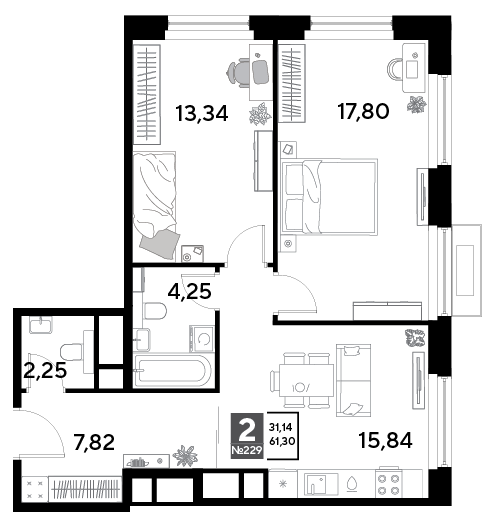 2-комнатная 61 м2 в ЖК EVO корпус null этаж 21