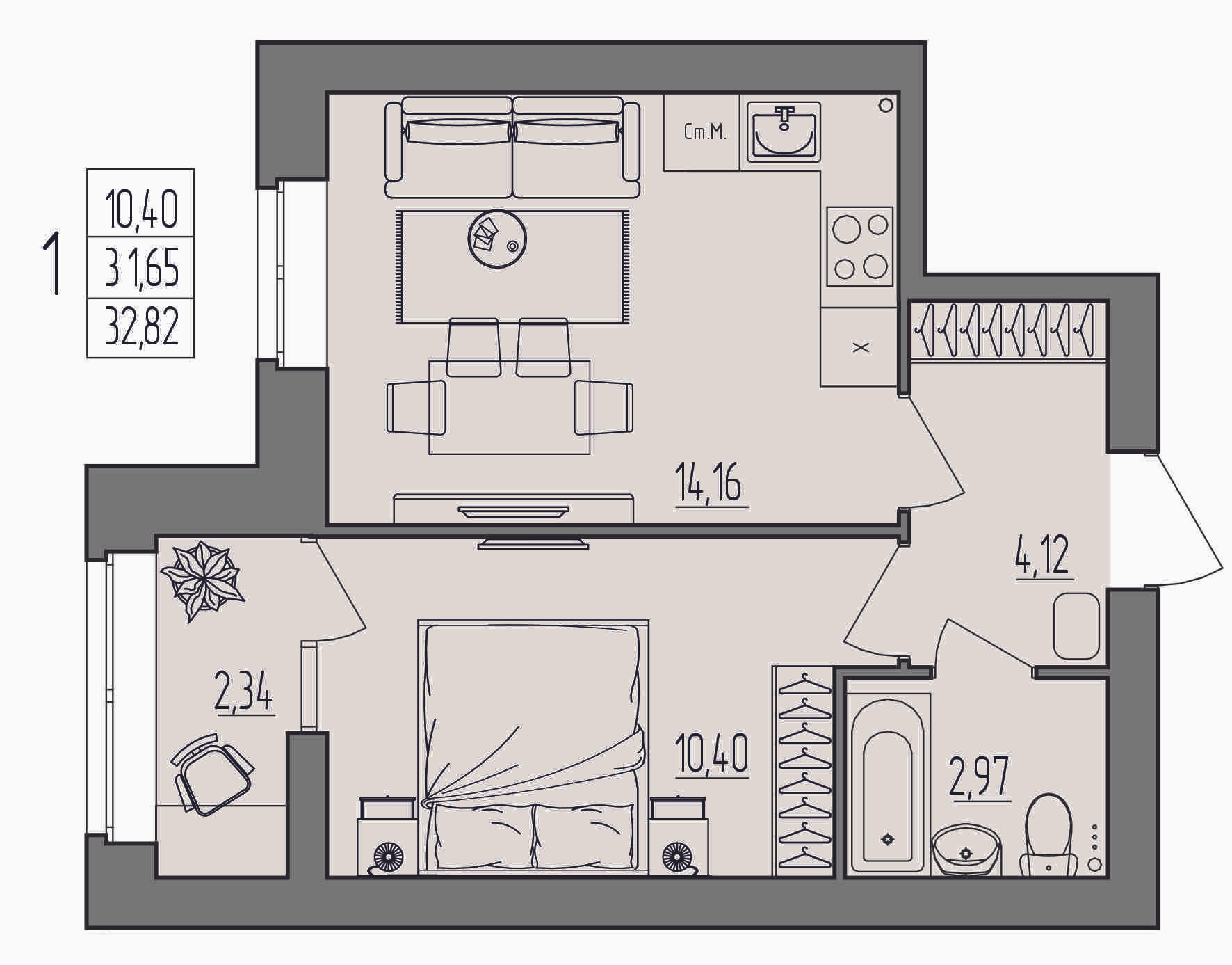 1-комнатная 32 м2 в ЖК Герои поколений корпус null этаж 3