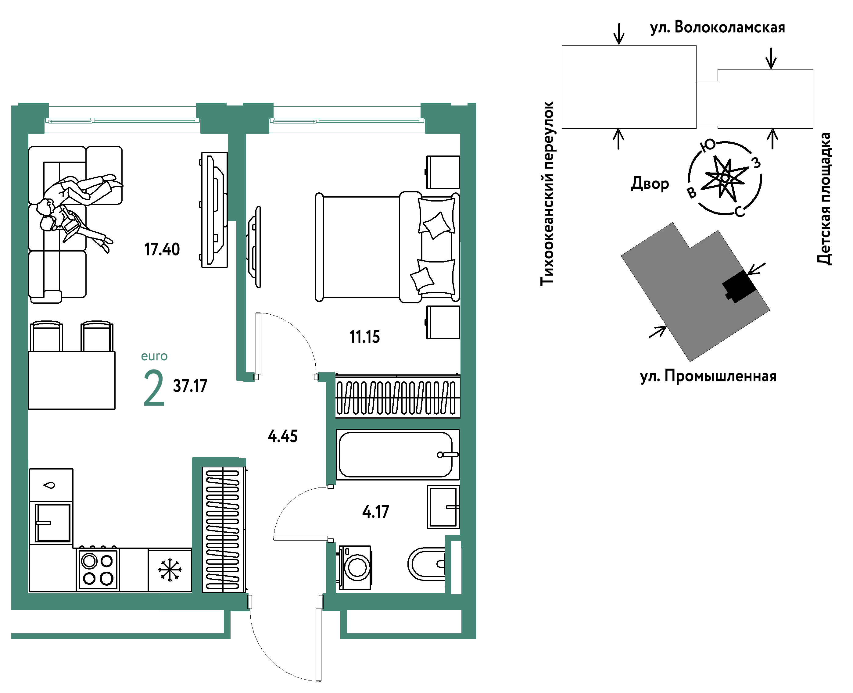 2-комнатная 37 м2 в ЖК Страна.Прибрежная корпус null этаж 12