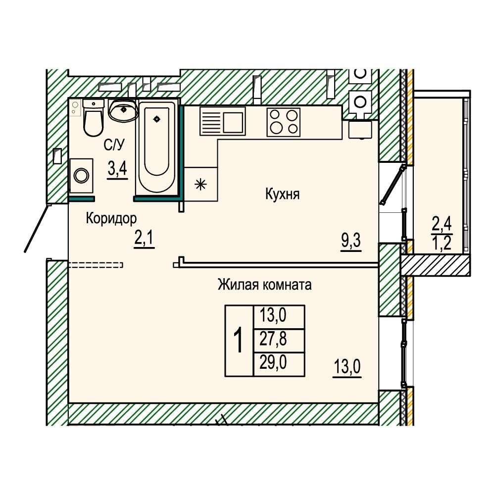 1-комнатная 29 м2 в ЖК Колизей корпус null этаж 8