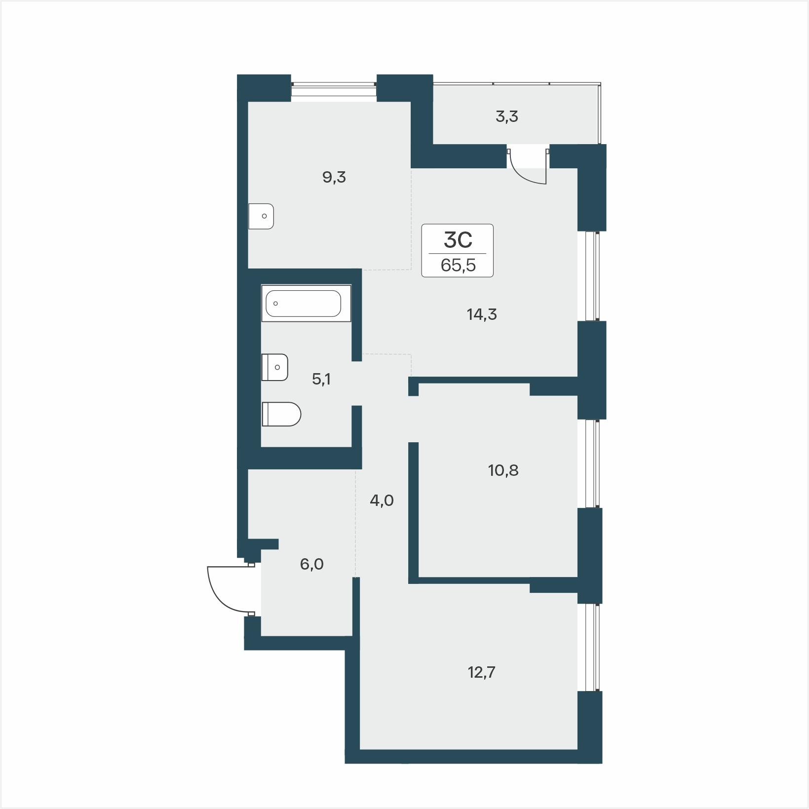 3-комнатная 65 м2 в ЖК Расцветай на Учительской корпус null этаж 3