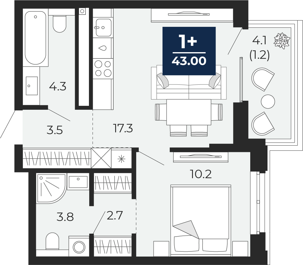 1-комнатная 41 м2 в ЖК Мириады корпус null этаж 10