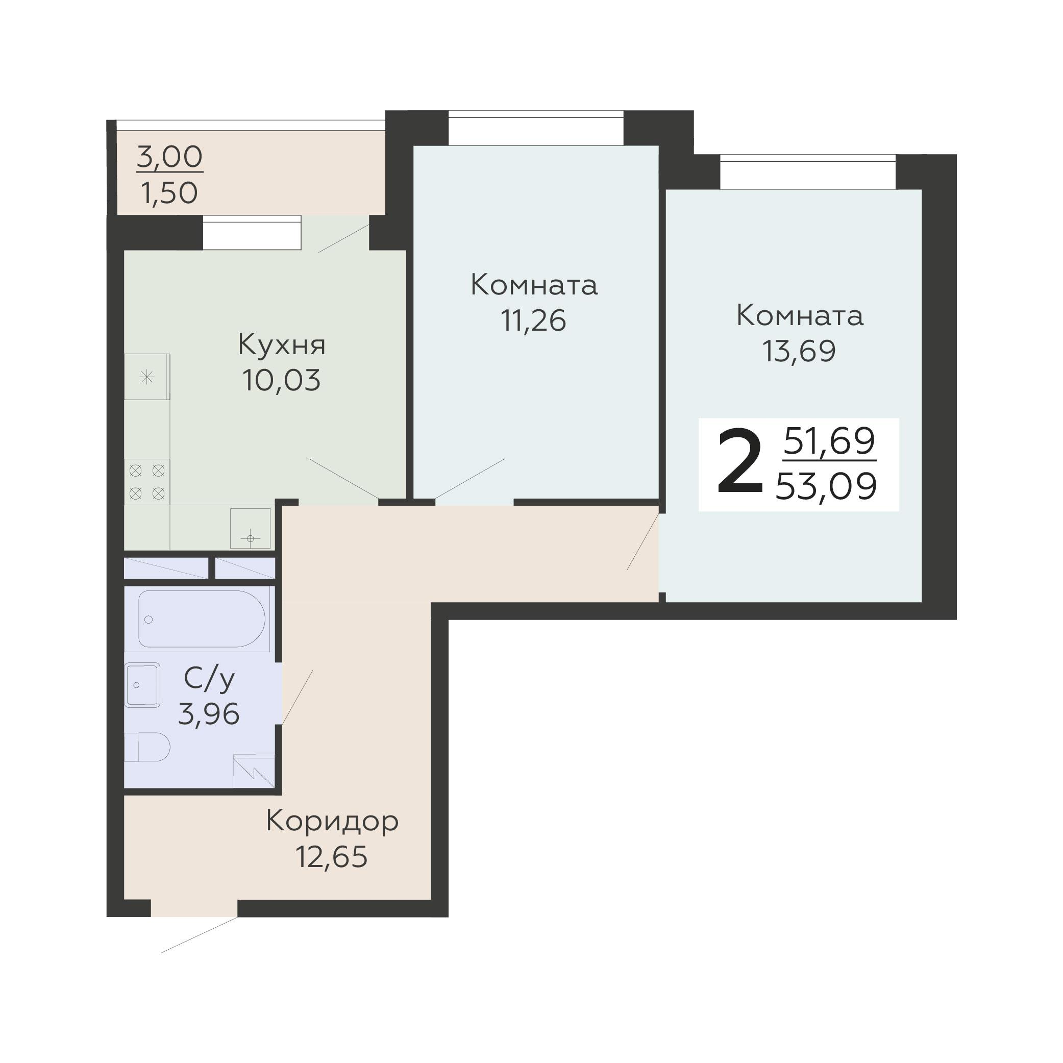 2-комнатная 53 м2 в ЖК Никитинские сады корпус null этаж 17