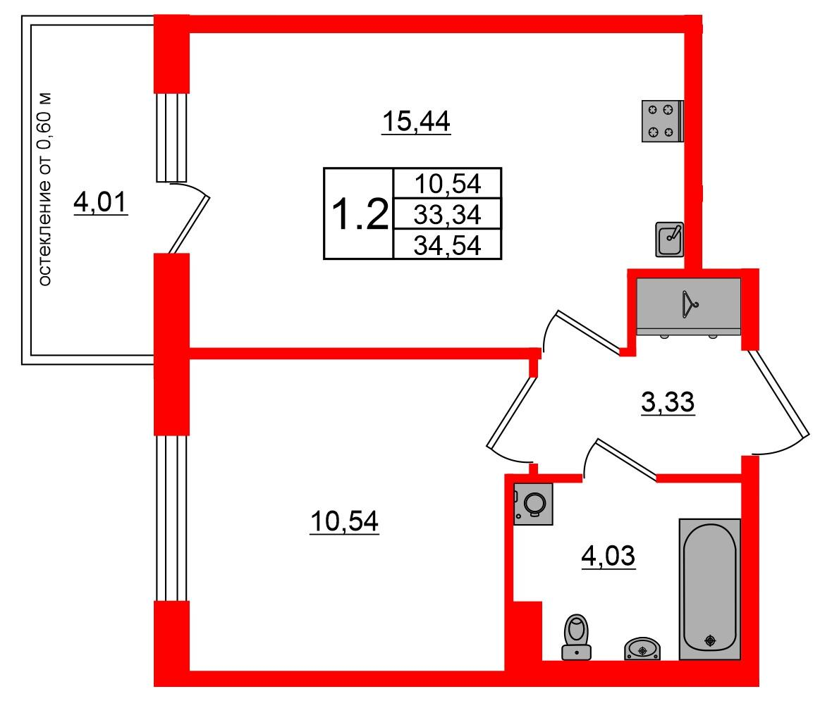 1-комнатная 33 м2 в ЖК Univer City корпус null этаж 1