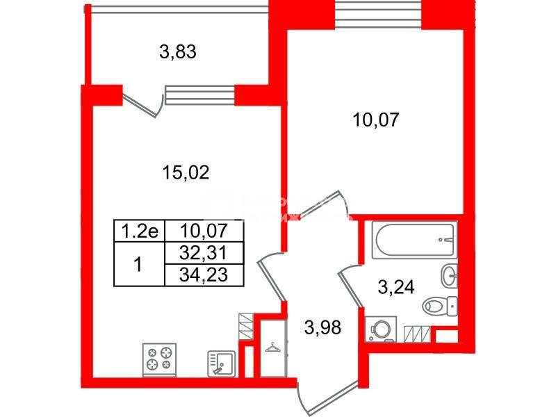 1-комнатная 32 м2 в ЖК Парадный ансамбль корпус null этаж 5