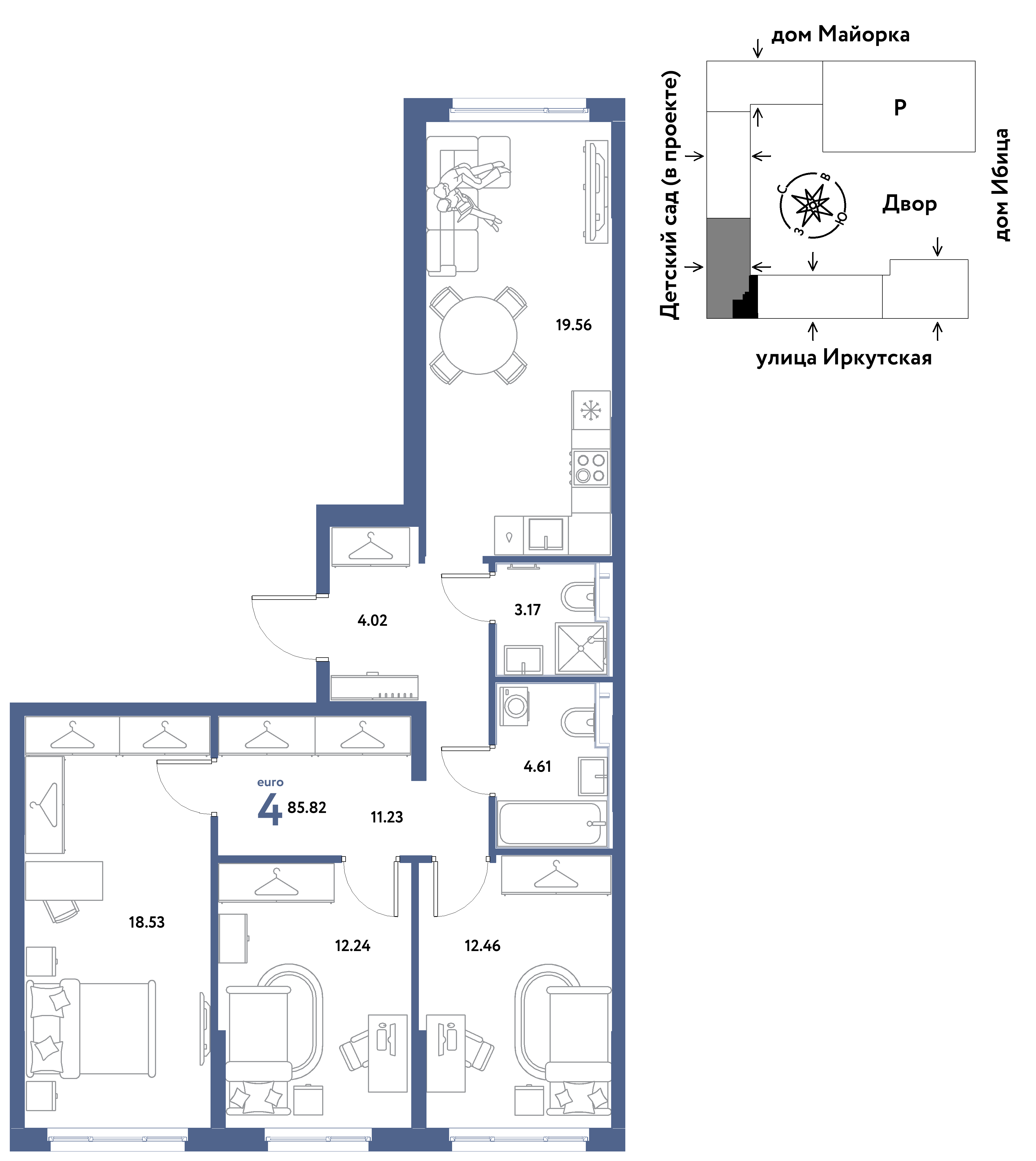 4-комнатная 85 м2 в ЖК Остров-сад корпус null этаж 7