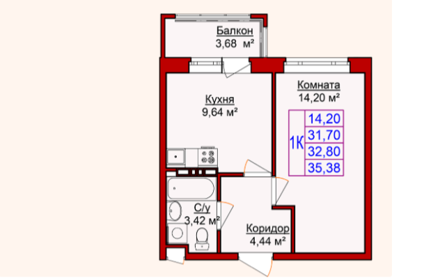 1-комнатная 35.9 м2 в ЖК undefined корпус null этаж 4