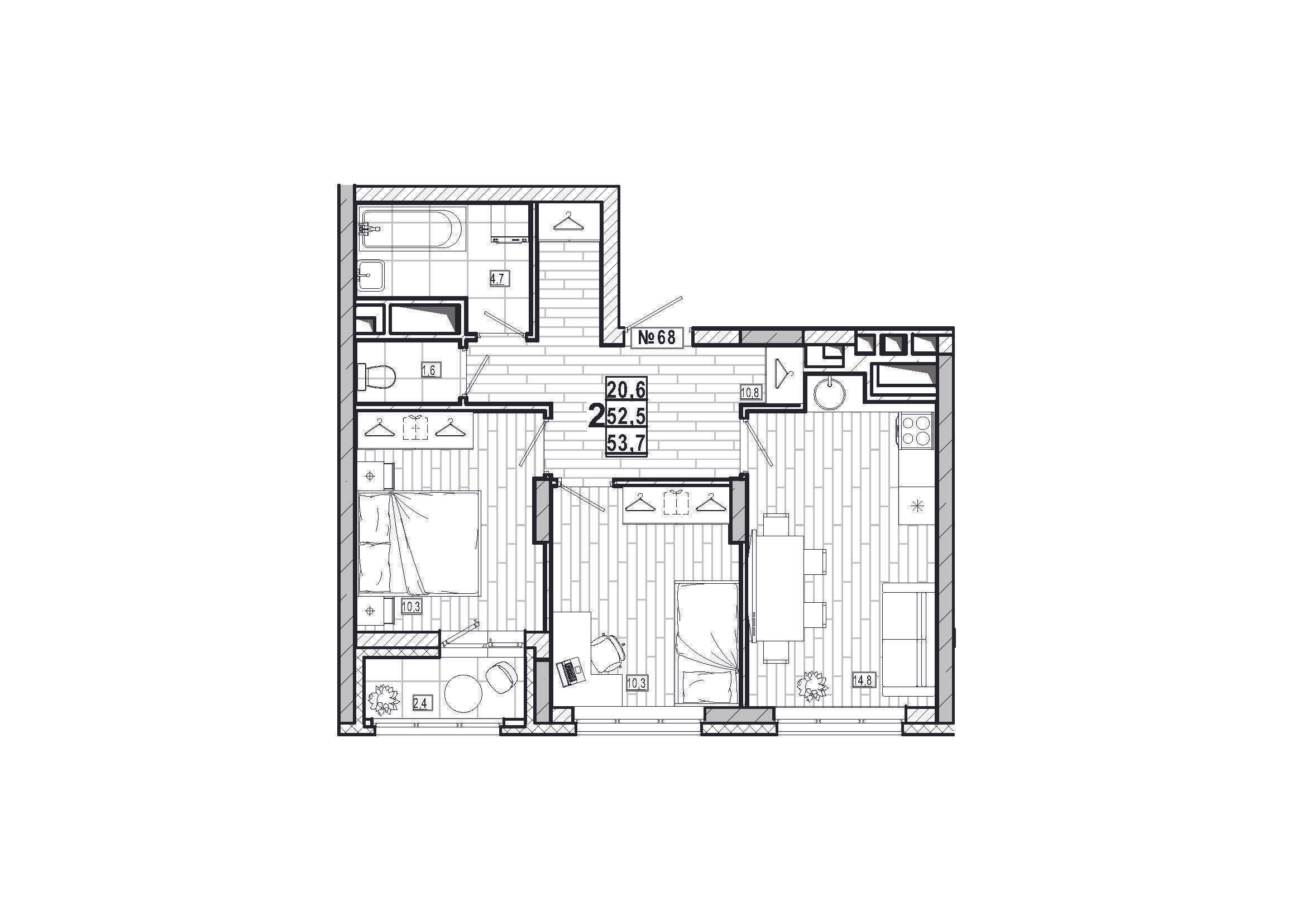 2-комнатная 53 м2 в ЖК Дом на Маяковского корпус null этаж 8