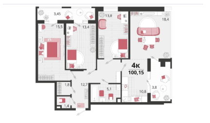 4-комнатная 100.2 м2 в ЖК undefined корпус null этаж 18