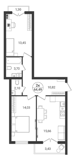 2-комнатная 64.5 м2 в ЖК undefined корпус null этаж 2