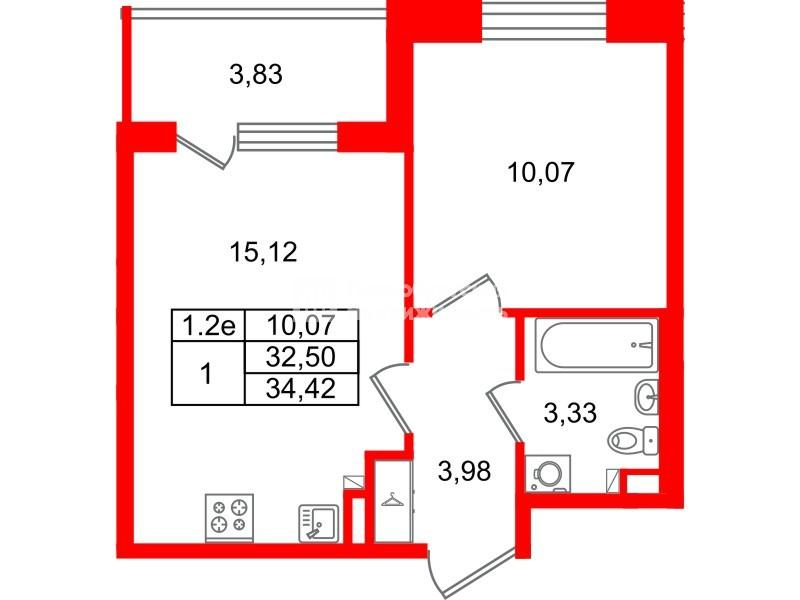 1-комнатная 32 м2 в ЖК Парадный ансамбль корпус null этаж 3