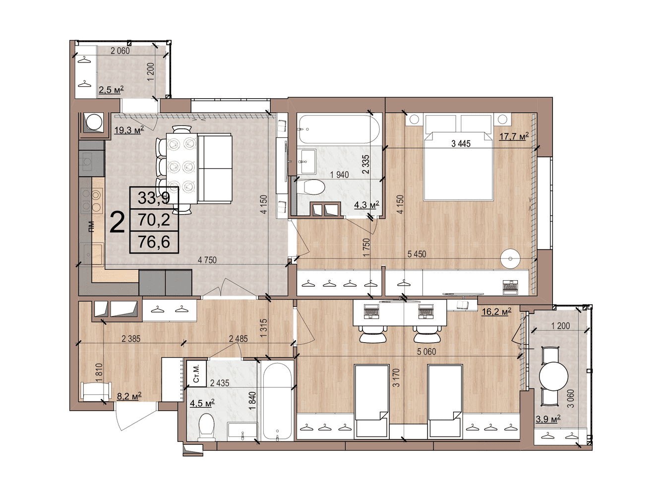 2-комнатная 76 м2 в ЖК Skyline-2 корпус null этаж 11