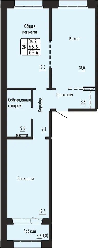 2-комнатная 68 м2 в ЖК Гренландия корпус null этаж 6