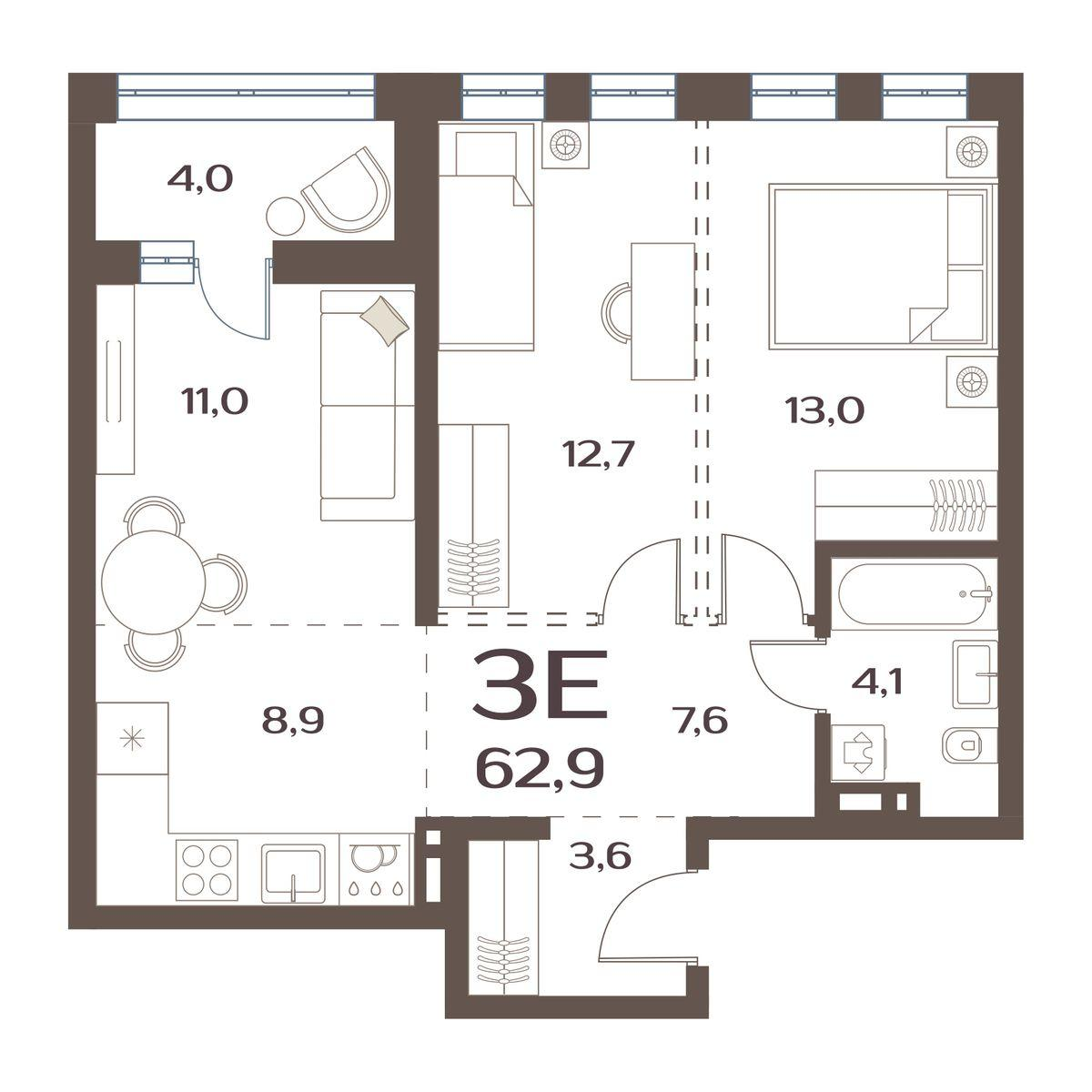 2-комнатная 61 м2 в ЖК Меридианы Улисса корпус null этаж 8