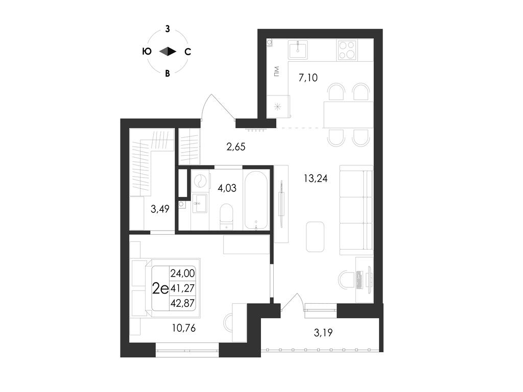 2-комнатная 42 м2 в ЖК Май корпус null этаж 6