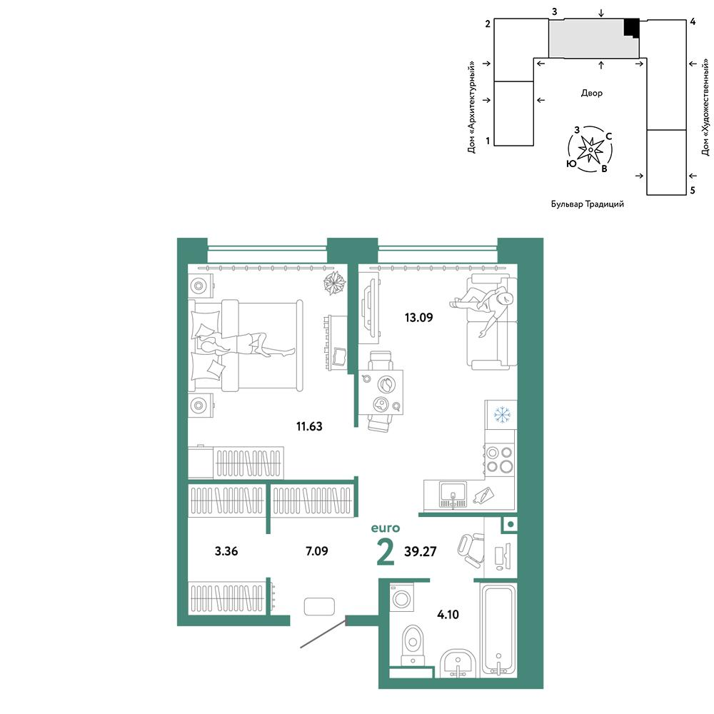 2-комнатная 39 м2 в ЖК Микрорайон Домашний корпус null этаж 9
