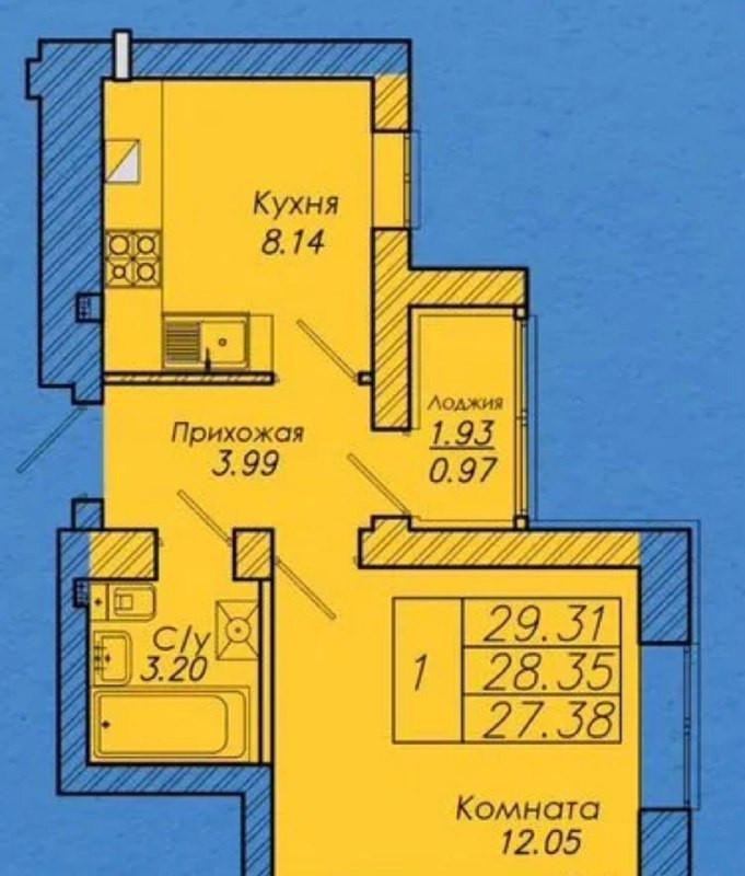 1-комнатная 29.3 м2 в ЖК undefined корпус null этаж 4