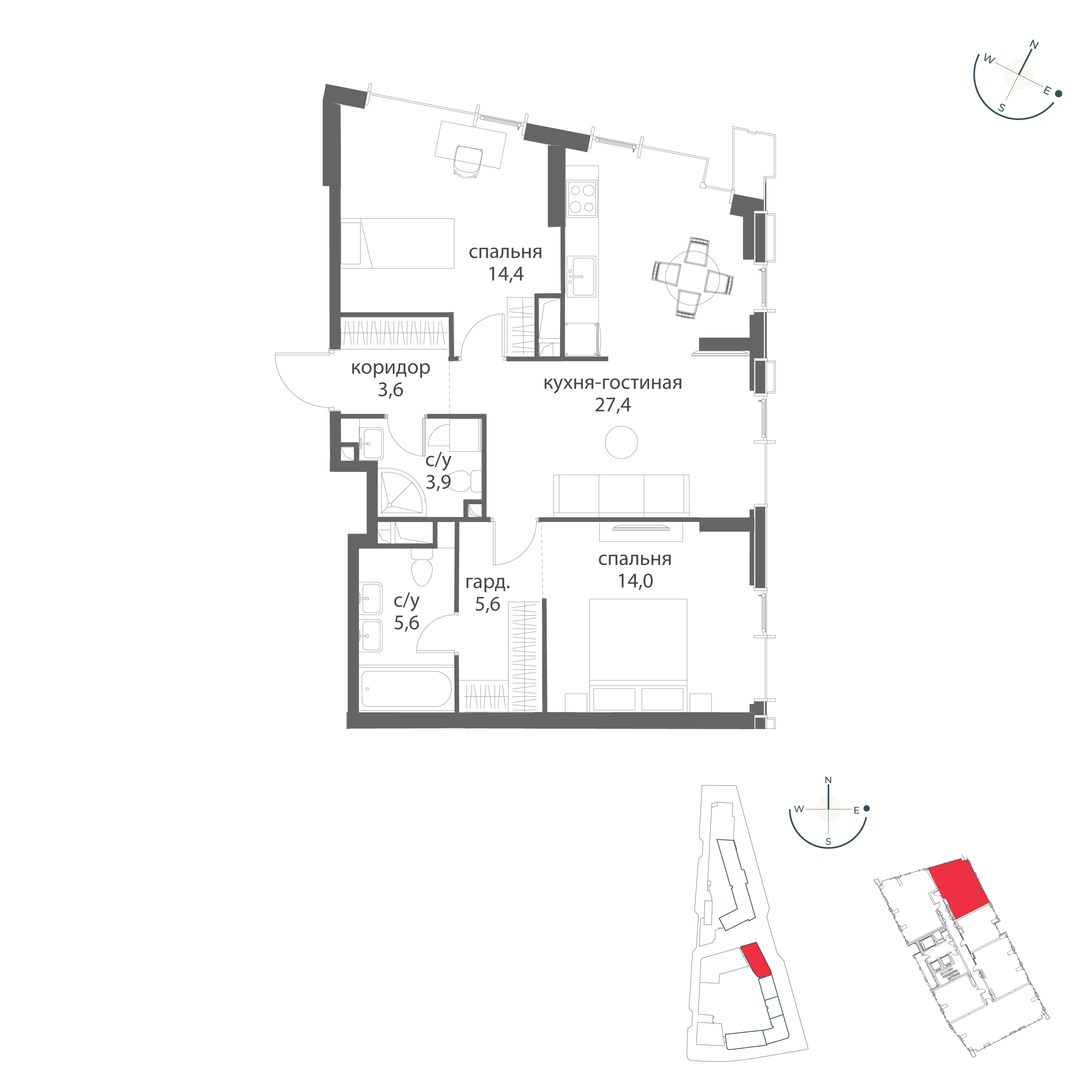 1-комнатная 74 м2 в ЖК Событие корпус null этаж 15