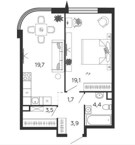 1-комнатная 52.3 м2 в ЖК undefined корпус null этаж 7