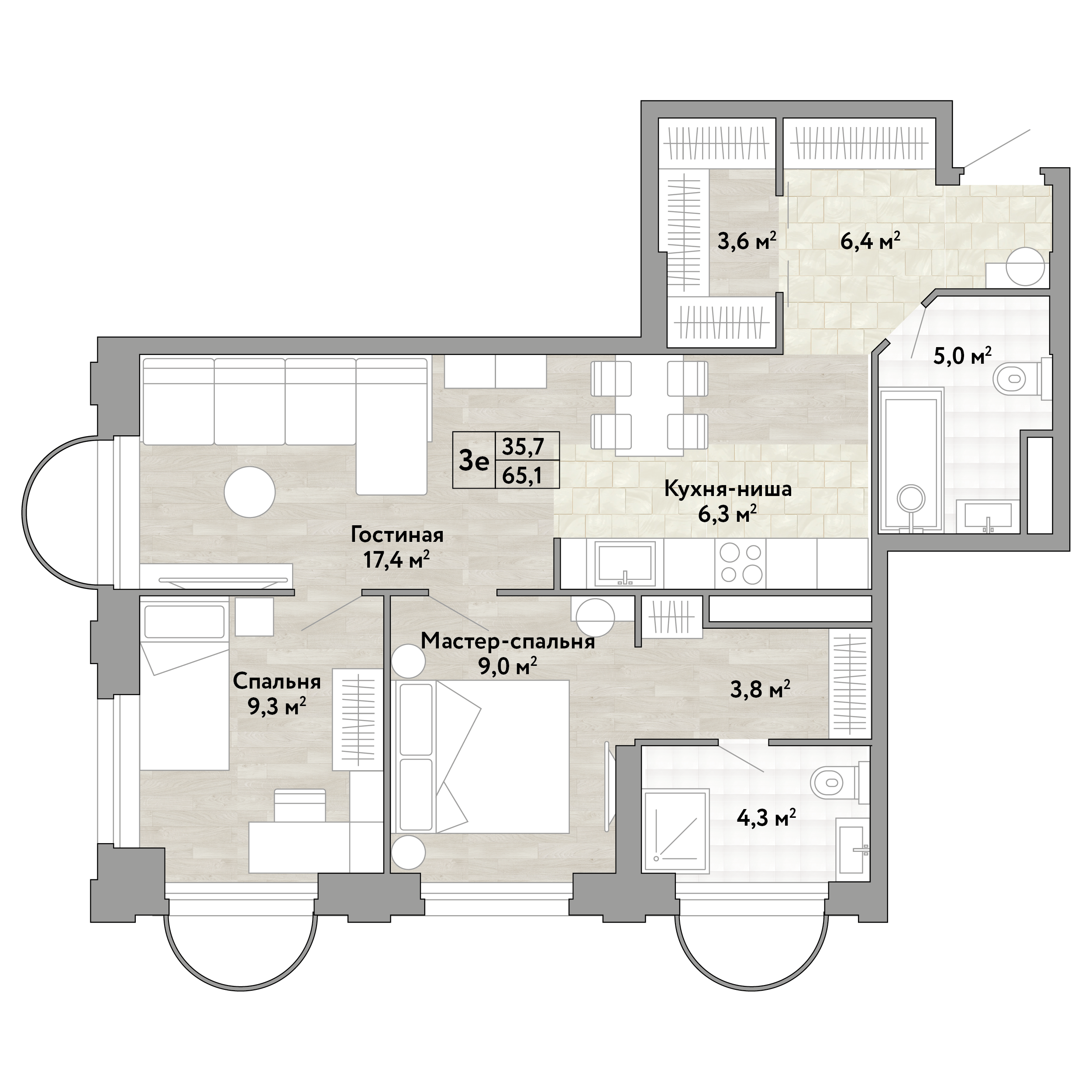 2-комнатная 65 м2 в ЖК Новые Смыслы корпус null этаж 12
