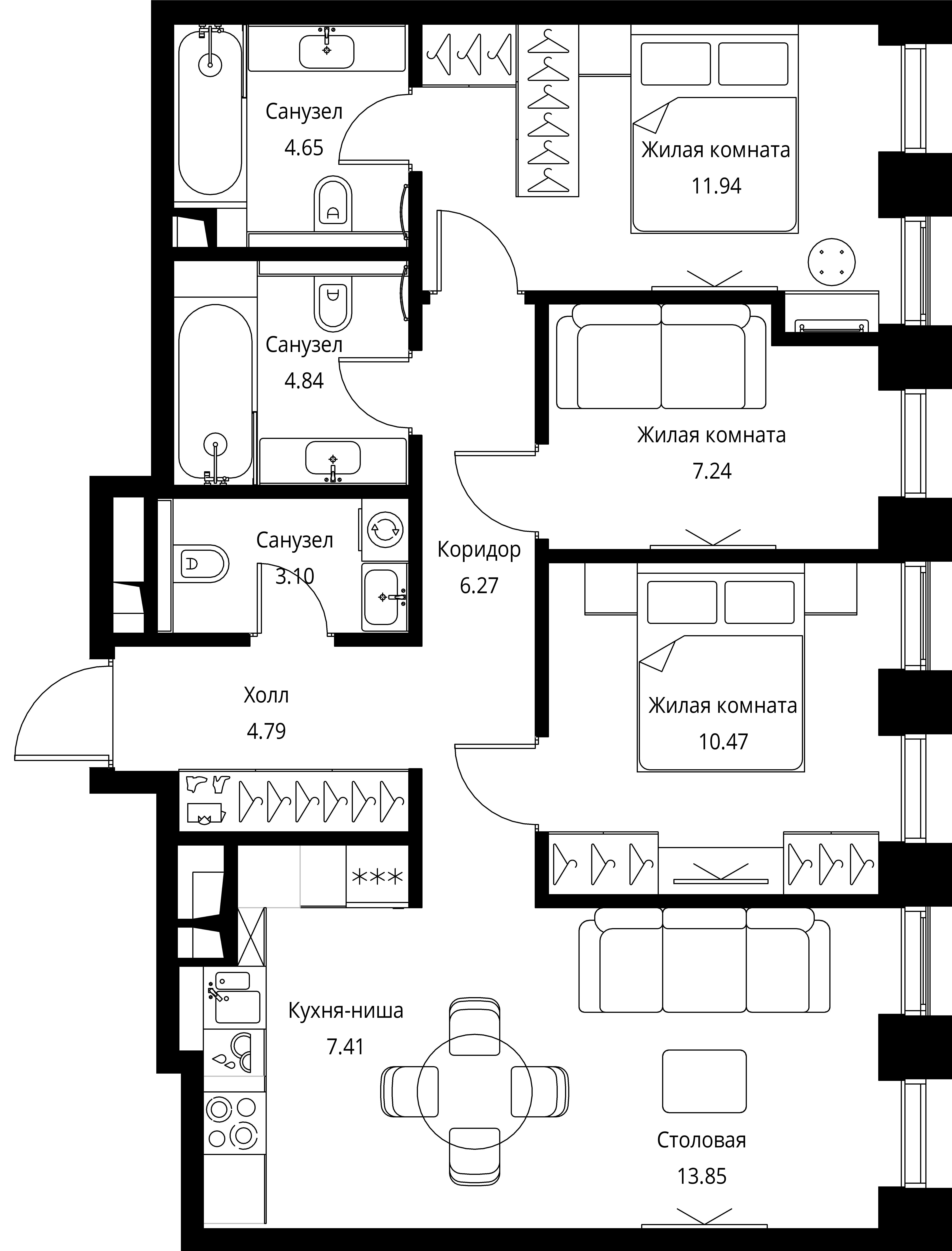 3-комнатная 74 м2 в ЖК CITY BAY корпус null этаж 23
