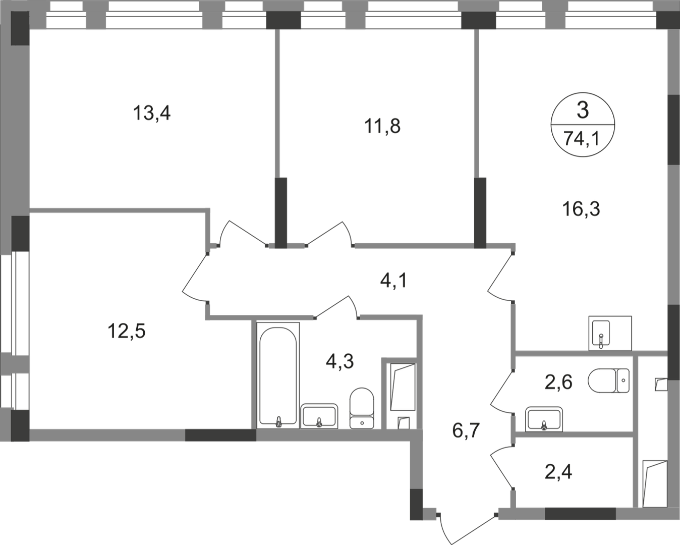 3-комнатная 74 м2 в ЖК Первый Московский корпус null этаж 9