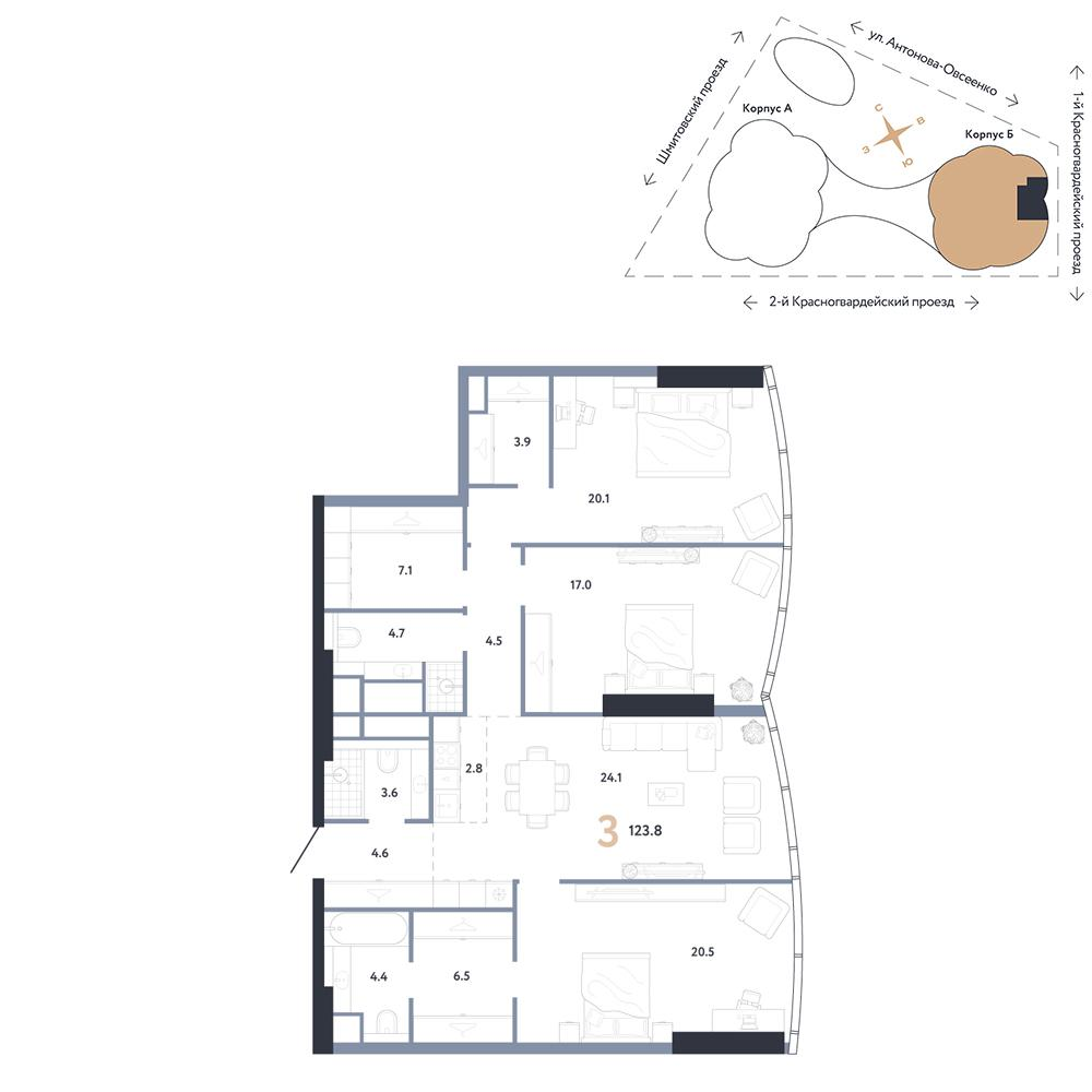 3-комнатная 123 м2 в ЖК АУРУС Резиденции корпус null этаж 63