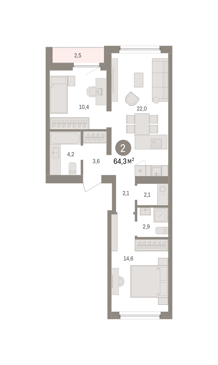 2-комнатная 64 м2 в ЖК Зарека корпус null этаж 7