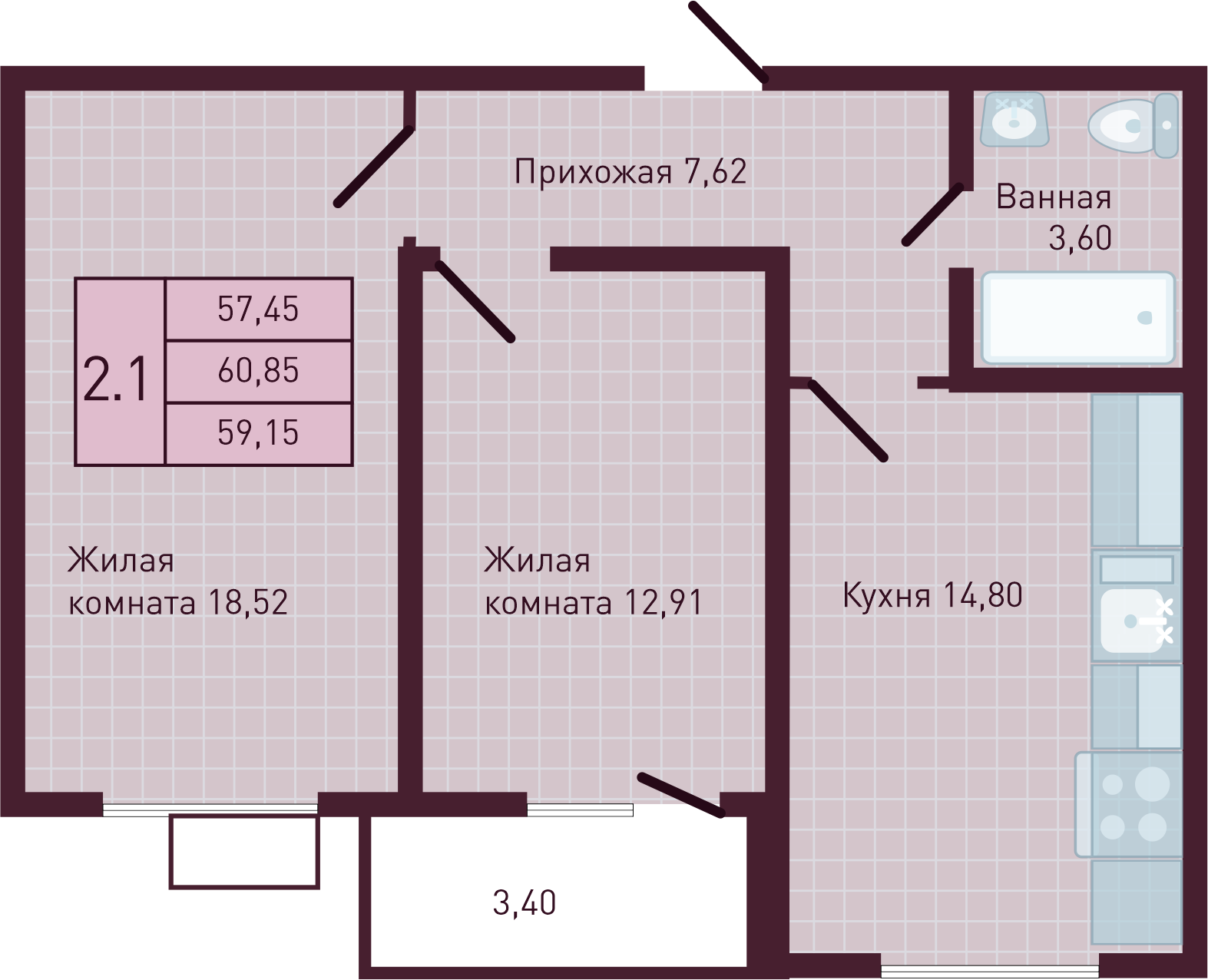 2-комнатная 59 м2 в ЖК Бетховен корпус null этаж 7