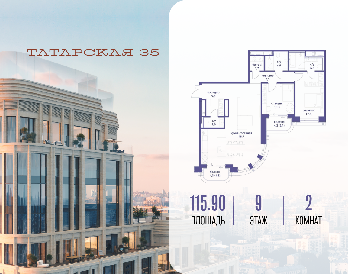2-комнатная 115 м2 в ЖК Татарская 35 корпус null этаж 9