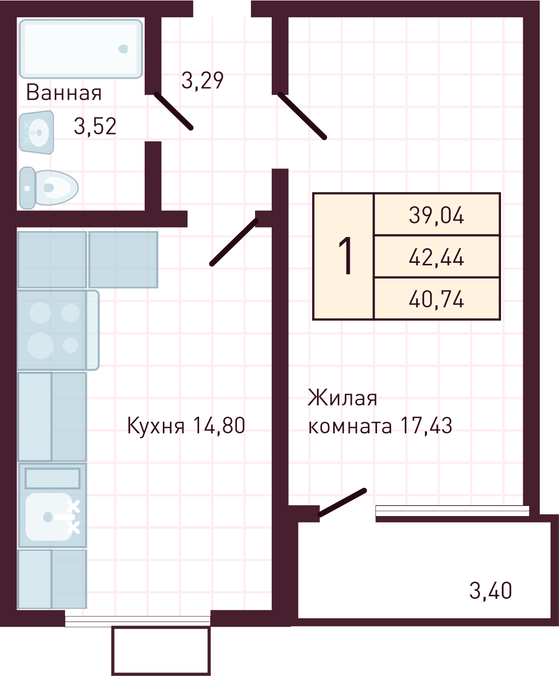 1-комнатная 40 м2 в ЖК Бетховен корпус null этаж 5