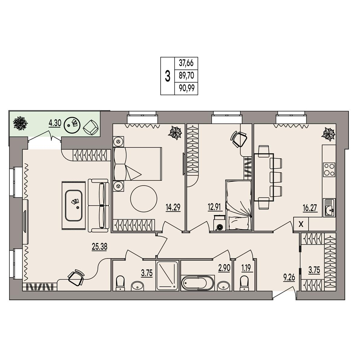 3-комнатная 90 м2 в ЖК Герои поколений корпус null этаж 1
