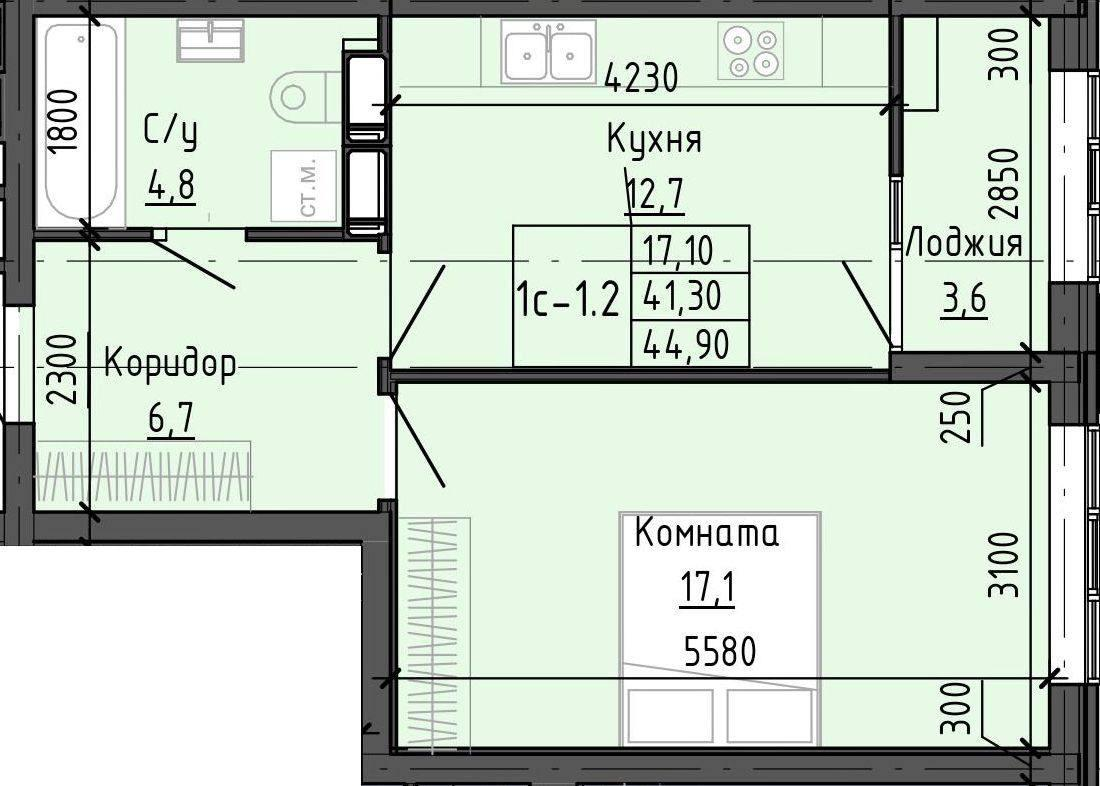 1-комнатная 44.9 м2 в ЖК undefined корпус null этаж 12
