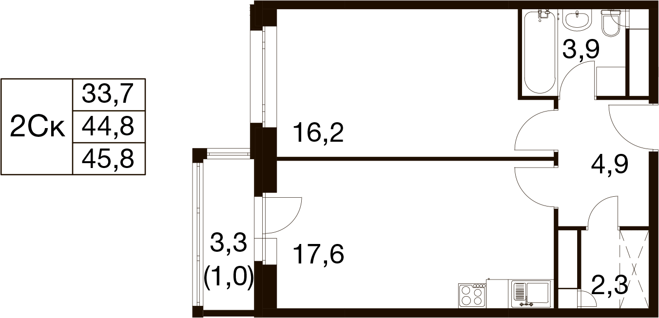 1-комнатная 44 м2 в ЖК Идеал корпус null этаж 14