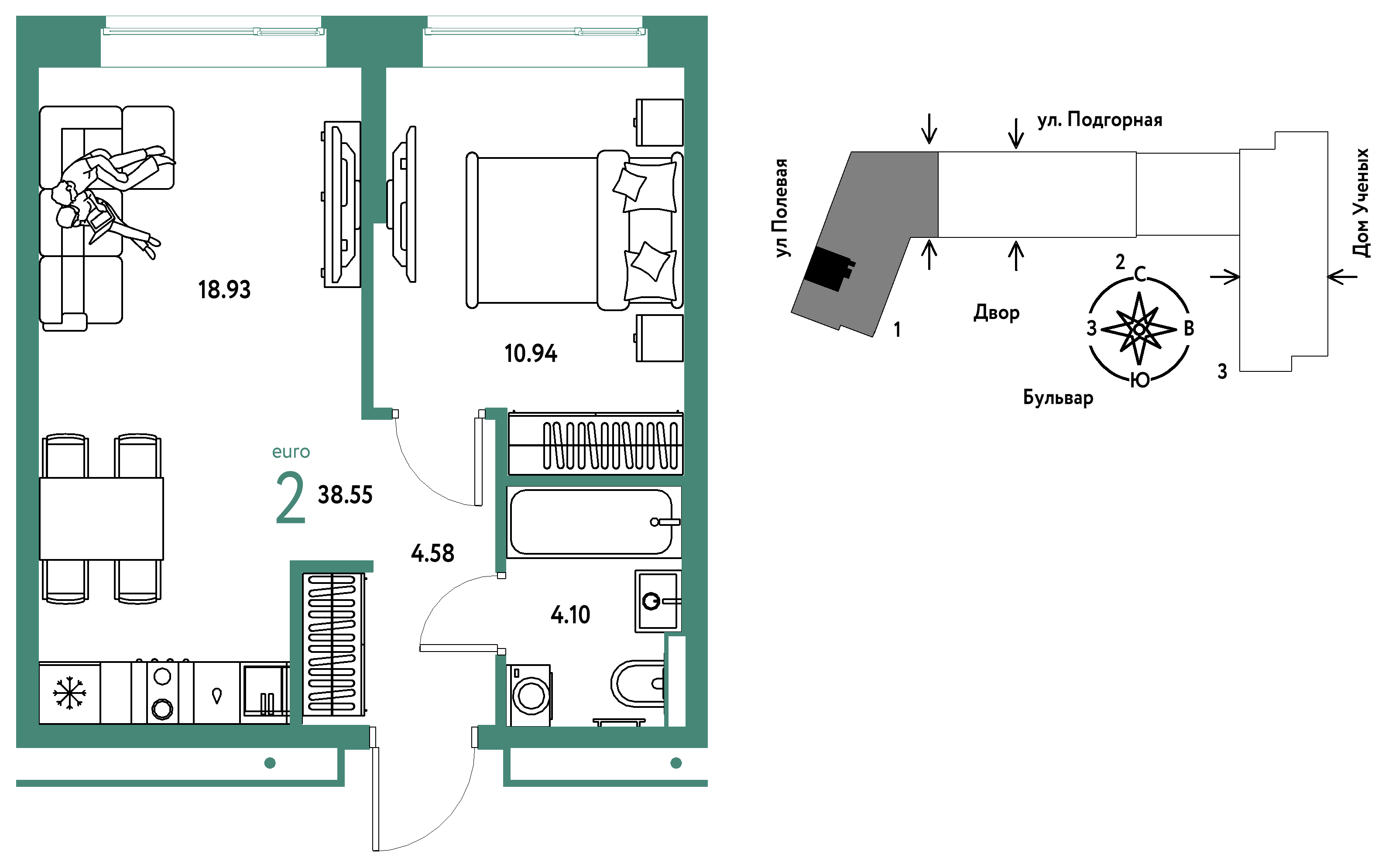 2-комнатная 38 м2 в ЖК Авторский корпус null этаж 6
