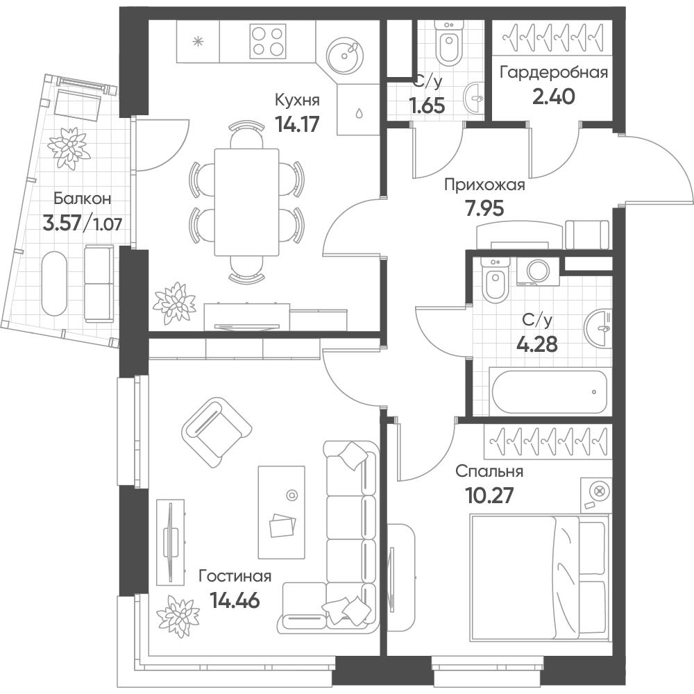 2-комнатная 56 м2 в ЖК Счастье в Казани корпус null этаж 3